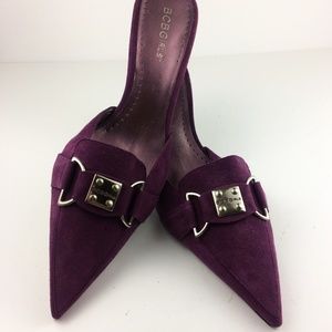 BCBGirls Purple Suede Mules Pointy Toe Logo Plate